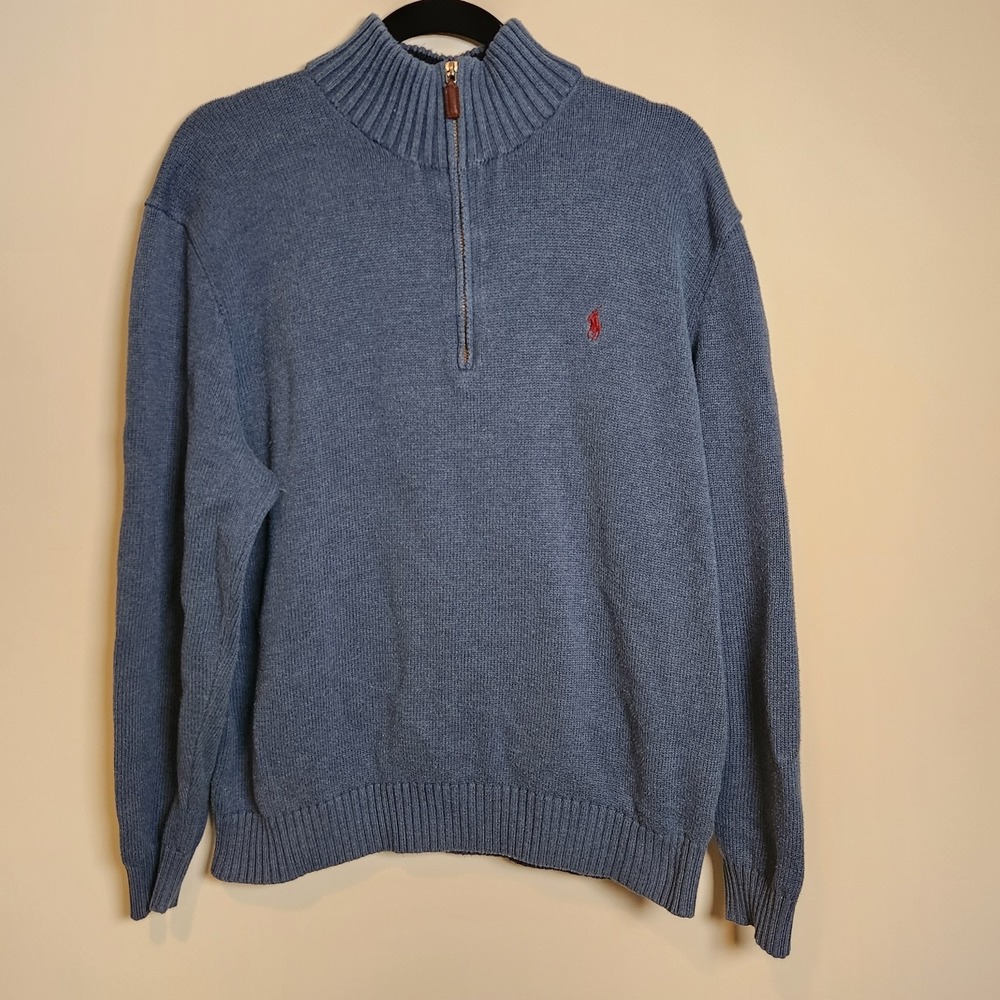 Polo Ralph Lauren Mens XL Blue Heather Quarter Zip Sweater Red Pony Pullover Ivy